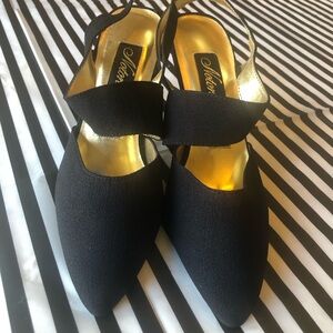 Vintage Black Pointed Slingback Heels with Gold Interior